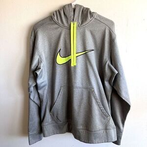 Nike Therma Fit Gray Green Swoosh Fleece Lined Hooded Men's Pullover Hoodie M‎